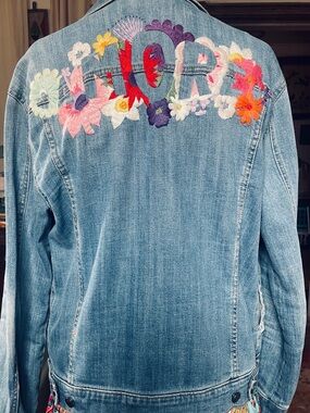 Anthropologie Embroidered Floral Denim Jacket - Colorful Flower Back says AMORE